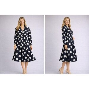 Liz Claiborne Womens Polka Dot Midi Dress Size 14 Black White Vintage Classic